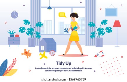 Home and Apartment Cleaning, Commercial Babysitter Service Trendy Vector Advertising Banner, Promo Poster Template. Woman, Mother Collecting Children Toys Scattered on Apartment Floor Illustration