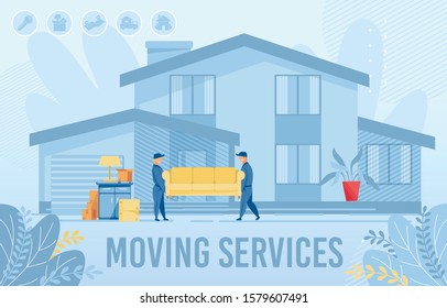 Home Apartment Moving Service Advertising Poster. Man Loaders, Movers Male Characters Carrying Sofa. House Exterior Building, Furniture and Cardboard Boxes in Yard. Delivery. Flat Vector Illustration