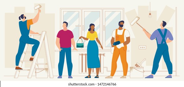 Home or Apartment Repair Flat Vector Concept with Real Estate Owners Couple Watching for Repair Service Workers, Repairmen Team Painting and Wallpapering Walls and Ceiling in Living Room Illustration