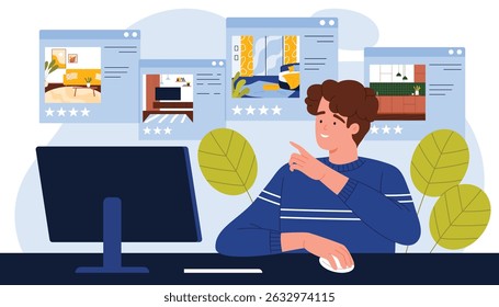 Home apartment search for travel booking and city accommodation of tourist, purchase. Young man sitting at laptop to choose room, look and compare rating, location cartoon vector illustration
