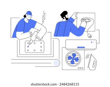 Home appliance assembly abstract concept vector illustration. Group of workers assembling home appliances at factory, electronics manufacturing, household devices production abstract metaphor.