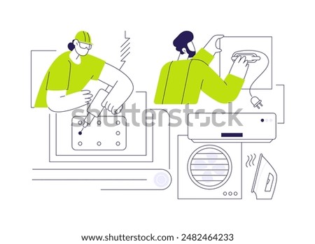Home appliance assembly abstract concept vector illustration. Group of workers assembling home appliances at factory, electronics manufacturing, household devices production abstract metaphor.