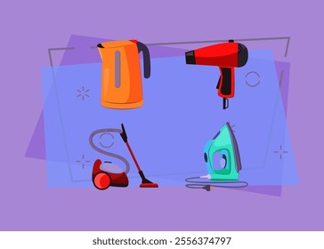 Home appliance cartoon illustration set. Electric kettle, vacuum cleaner, iron, hair dryer. Home utensils concept. Vector illustrations can be used for topics like housekeeping, kitchen, devices