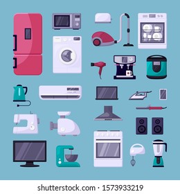 Home appliance color flat vector illustrations set. Household electric devices collection. Refrigerator, microwave oven, coffee machine. Domestic equipment. House electronics isolated cartoon icons