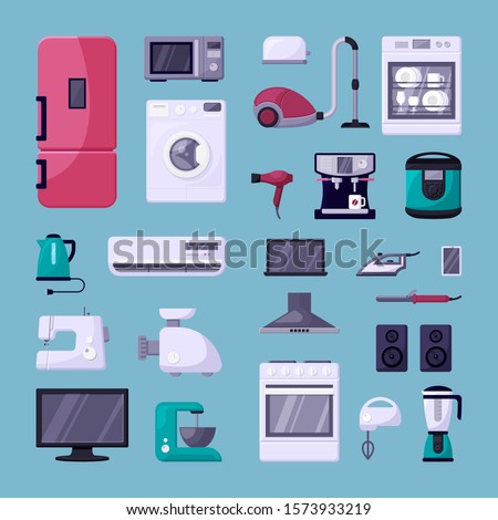 Home appliance color flat vector illustrations set. Household electric devices collection. Refrigerator, microwave oven, coffee machine. Domestic equipment. House electronics isolated cartoon icons