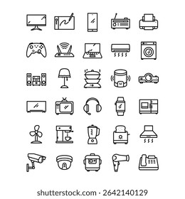 Home appliance and device icon set. Containing laundry, a coffee machine, a flat TV, devices, CCTV, and more. Editable stroke icons. Vector illustration	
