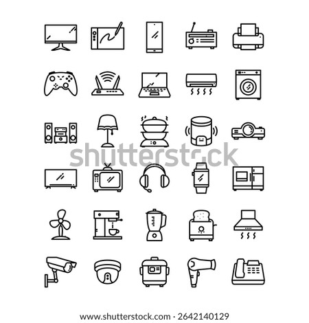 Home appliance and device icon set. Containing laundry, a coffee machine, a flat TV, devices, CCTV, and more. Editable stroke icons. Vector illustration	
