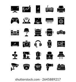 Home appliance and device solid icon set. Containing laundry, coffee machine, flat TV, devices, CCTV and more. Editable stroke icons. Vector illustration	
