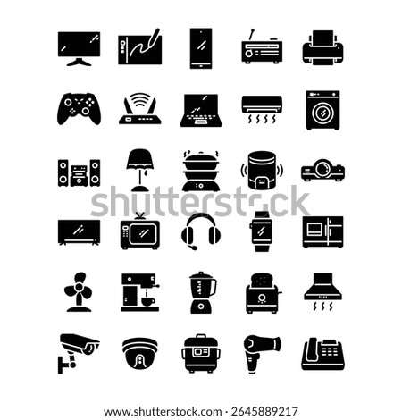 Home appliance and device solid icon set. Containing laundry, coffee machine, flat TV, devices, CCTV and more. Editable stroke icons. Vector illustration	
