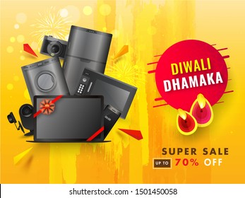 Home appliance electronic sale banner or poster design with illuminated oil lamp (Diya) and 70% discount offer on abstract background for Diwali Dhamaka.