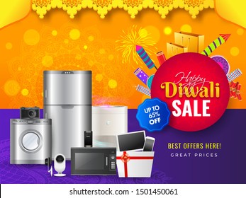 Home appliance electronic sale banner or poster design with 65% discount offer and firecrackers for Happy Diwali celebration.