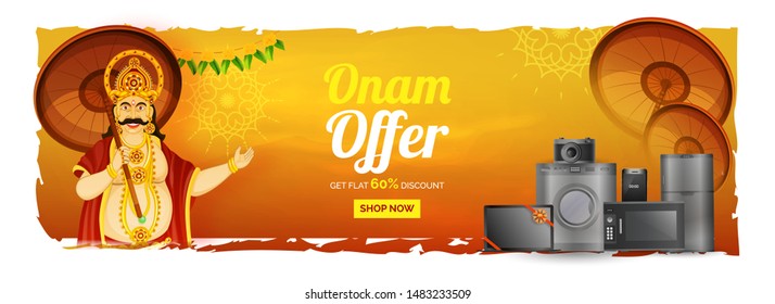 Home appliance electronic sale header or banner design with 60% discount offer and illustration of King Mahabali holding umbrella for Happy Onam festival celebration.