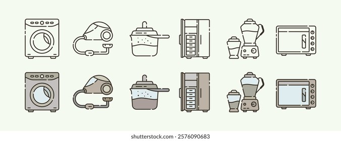 Home Appliance and Everyday Household Devices Icon Set with Outline and Color Variations