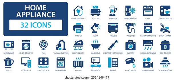 Home appliance flat icons collection. Fan, television, coffee maker, oven, rice cooker, device, dishwasher, home, appliance, blender, boiler sign set.