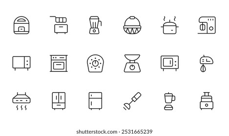 Home appliance icon, electronic icon, refrigerator, oven, blender vector set design with Editable Stroke. Line, Solid, Flat Line, thin style and Suitable for Web Page, Mobile App, UI, UX design.