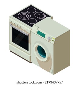 Home appliance icon isometric vector. New washing machine and electric stove. Household technic, modern technology