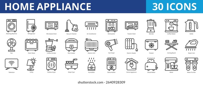 Home appliance icon pack collection set with washing machine, refrigerator, microwave oven, vacuum cleaner, air conditioner, dishwasher, toaster oven, blender, coffee maker, kettle, fan, oven stove