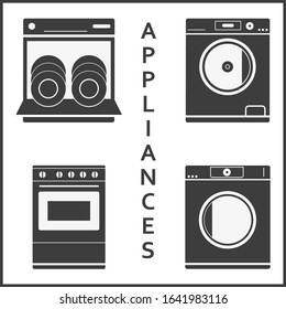 Home appliance icon set consisting of a dishwasher, washing machine, stove and a clothes dryer.