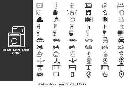 Conjunto de iconos de electrodomésticos. Equipo Electrónica, cocina, limpieza, colección de símbolos de contorno.