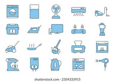 Home appliance icon set. icon related to household appliance. Containing washing machine, refrigerator, fan, vacuum cleaner, TV and more. Flat line icon style design. Simple vector design editable