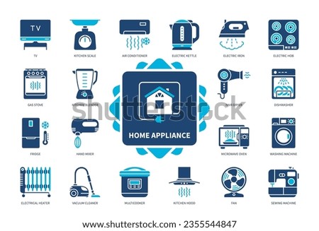 Home Appliance icon set. Washing Machine, Kettle, Vacuum Cleaner, Fridge, Electrical Heater, Electric Iron, Fan, TV. Duotone color solid icons