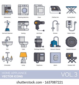 Home appliance icons including dishwasher, washing machine, clothes iron, garment steamer, sewing, hair dryer, shower, toilet, garbage disposal, vacuum cleaner, chandelier, telephone, alarm, grill.