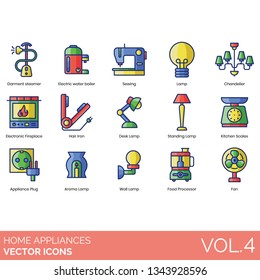 Home appliance icons including garment steamer, electric water boiler, sewing, chandelier, electronic fireplace, hair iron, desk lamp, kitchen scale, plug, aroma, wall, food processor, fan.