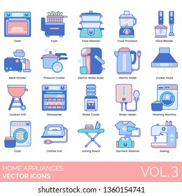 Home appliance icons including oven, fryer, food processor 