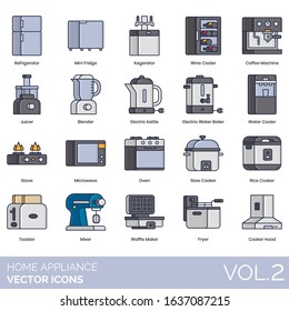 Home appliance icons including refrigerator, mini fridge, kegerator, coffee machine, juicer, blender, kettle, water boiler, stove, microwave, oven, slow cooker, rice, toaster, mixer, waffle maker.