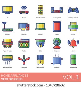 Home Appliance Icons Including TV Box, Remote Control, Sound System, Gaming Console, Modem, Desktop, Laptop, Tablet, Printer, Paper Shredder, Radio, CCTV, Webcam, Alarm, Air Conditioner, Ceiling Fan.