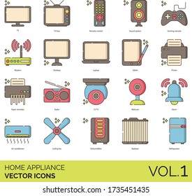 Home Appliance Icons Including TV Box, Remote Control, Sound System, Gaming Console, Modem, Desktop, Laptop, Tablet, Printer, Paper Shredder, Radio, CCTV, Webcam, Alarm, Air Conditioner, Ceiling Fan.