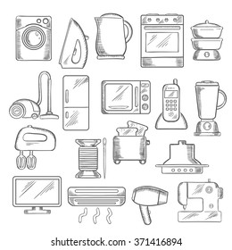 Home appliance icons with microwave, vacuum, iron, refrigerator, toaster, tv set, washing and sewing machine, blender, mixer, fan, stove, kettle, air conditioner, telephone, steamer and cooker hood