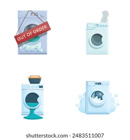 Home appliance icons set cartoon vector. Broken washing machine. Household appliance repair