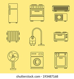 Home appliance icons set, outlined, isolated on yellow background, vector illustration.