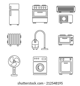 Iconos del equipo doméstico establecidos, esbozados, aislados en fondo blanco, ilustración vectorial.