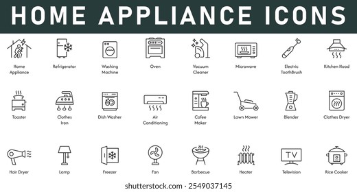 Electrodomésticos Iconos Ilustración vectorial con línea delgada editable stroke contiene refrigerador lavadora horno aspirador campana tostadora lavavajillas cocina de arroz calentador lámpara