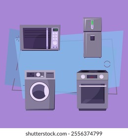 Home appliance illustration set. Microwave cooker, kitchen stove, refrigerator, washing machine. Technology and devices for home concept. Vector illustrations for topics housekeeping, kitchen, cooking