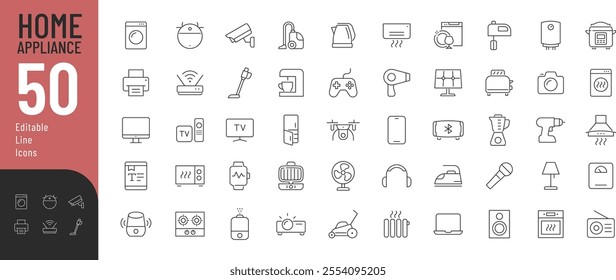 Home Appliance Line Editable Icons set. Vector illustration in modern thin line style of devices related icons: kitchen, office equipment, personal care accessories, and more. 