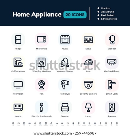 Home Appliance Line Icon Set - Pixel Perfect Editable Stroke Vector Design