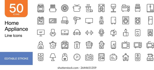Home appliance line icons depicting various household equipment