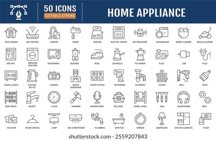 
Home Appliance Line Icons set. Editable Stroke. Vector Illustration in modern thin line style of devices related icons. Kitchen, office equipment, personal care accessories, home furniture and more.