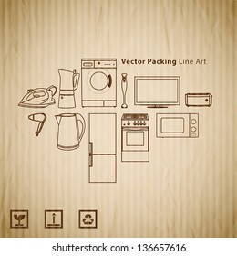 home appliance line illustrations on cardboard texture