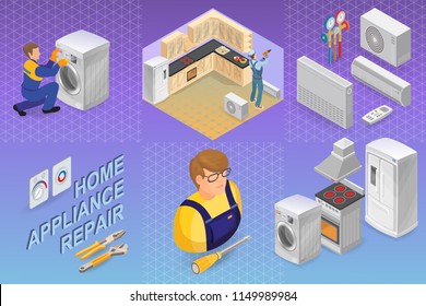 Home appliance repair. Isometric repairs concept. Home appliance, repairer and professional tools. Worker, equipment and items isometric icon. Vector flat 3d illustration.