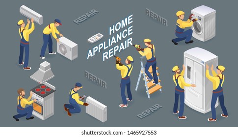 Home appliance repair. Isometric workers with faulty home appliances. Worker repairing broken washing machine, refrigerator, stove, heater, and conditioner. Vector flat 3D illustration.