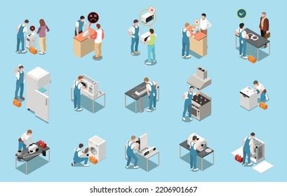 Home appliance repair service isometric set of House Call experts masters working in workshop and customers isolated vector illustration