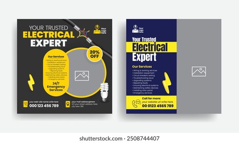 Servicio de reparación de electrodomésticos en redes sociales publica anuncios de Anuncio, 
Profesional Electricista y servicios eléctricos Publicidad promocional de la compañía o Plantilla de Anuncio de Web