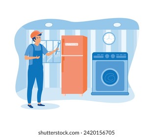 Home appliance repair technician service with washing machine, refrigerator elements.  flat vector modern illustration 