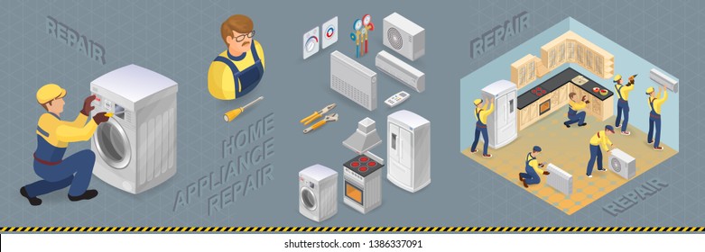 Home appliance repair. Worker repairing broken washing machine. Isometric Refrigerator, stove, heater and conditioner. Kitchen, workers with faulty home appliance. Vector.