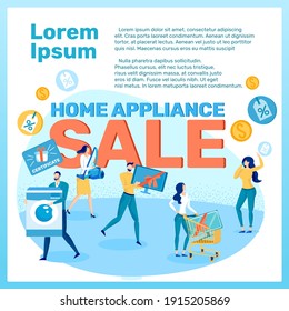 Home Appliance Sale Flat Cartoon Banner Vector Illustration. Discounts for Electronics Landing Page. People Carrying Television, Washing Machine, Vacuum Cleaner. Woman Pushing Cart.