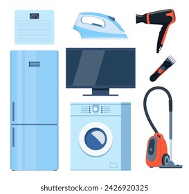Home appliance set. Household electric devices collection. Refrigerator, washing machine, TV, iron, scale, hairdryer. Domestic equipment. House electronics. Vector illustration